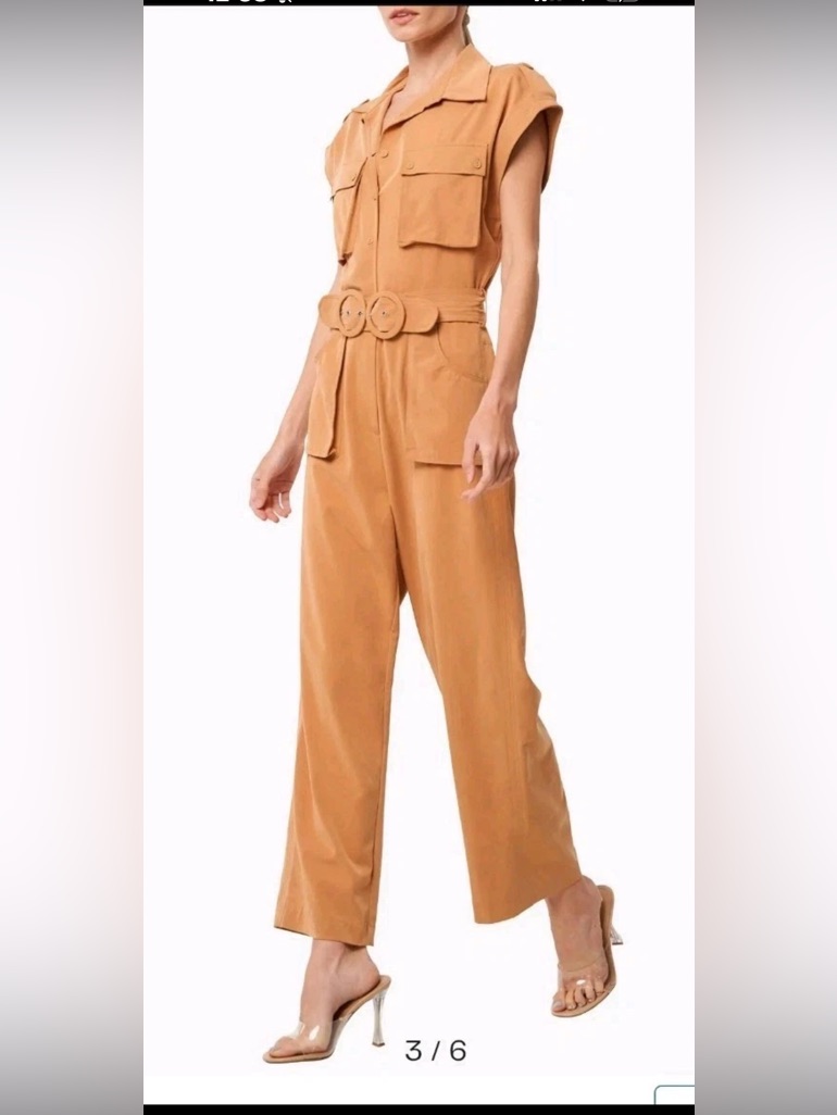 Belted Tan Utility Jumpsuit With Wide Leg